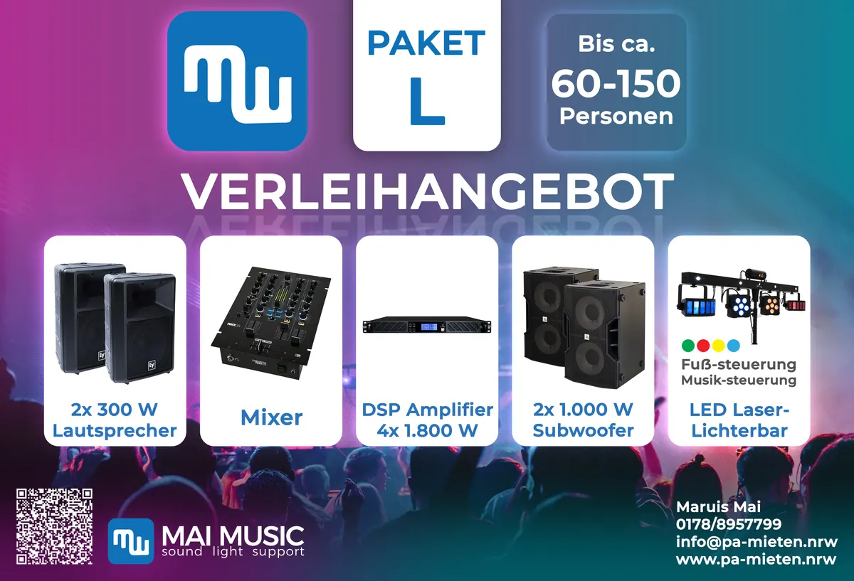 Verleihangebot Paket L: 2x Lautsprecher, 2x Subwoofer, DSP-Endstufe, Mixer, Licht