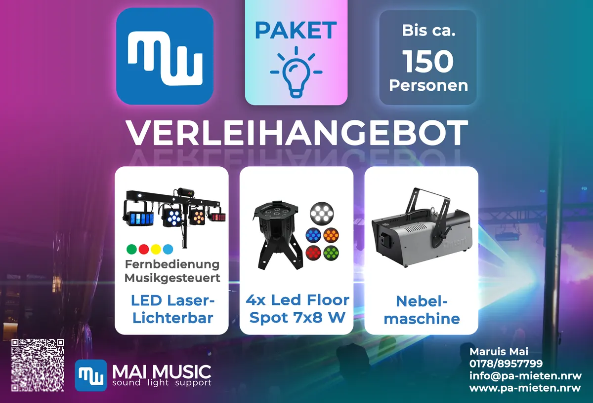 Verleihangebot Paket Licht: LED-Laser-Lichterbar, 4x LED-Floor-Spot, Nebelmaschine, Zubehör