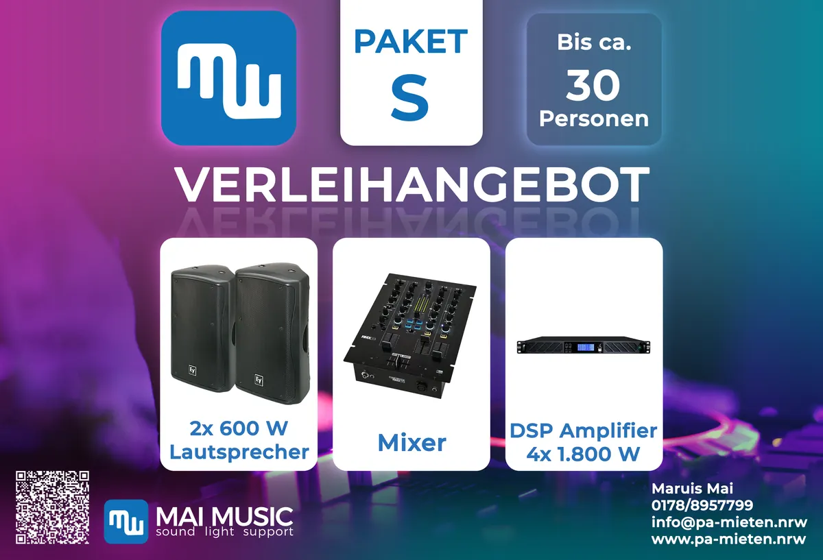 Verleihangebot Paket S: 2x Lautsprecher, Mixer, DSP-Endstufe, Bluetooth, Zubehör